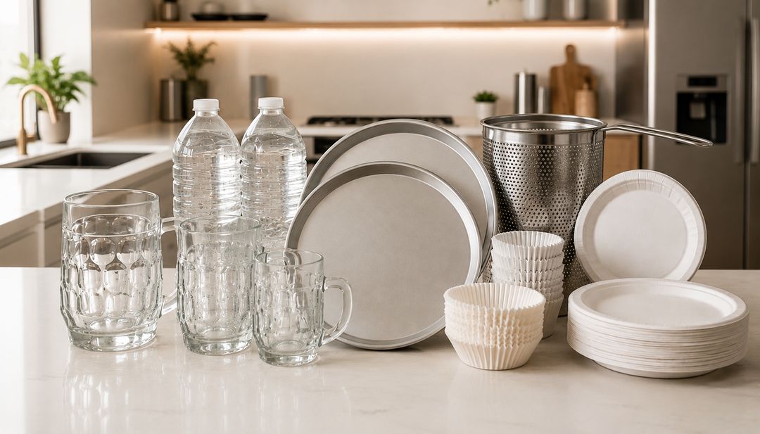 Jarras de vidrio, bandejas para pizza, coladores y platos de papel sobre una encimera de cocina