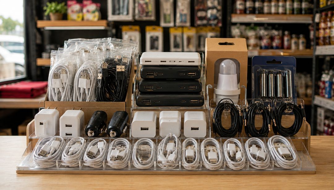 Exhibidor con cables USB, cargadores, baterias portatiles y pilas en el mostrador de una tienda