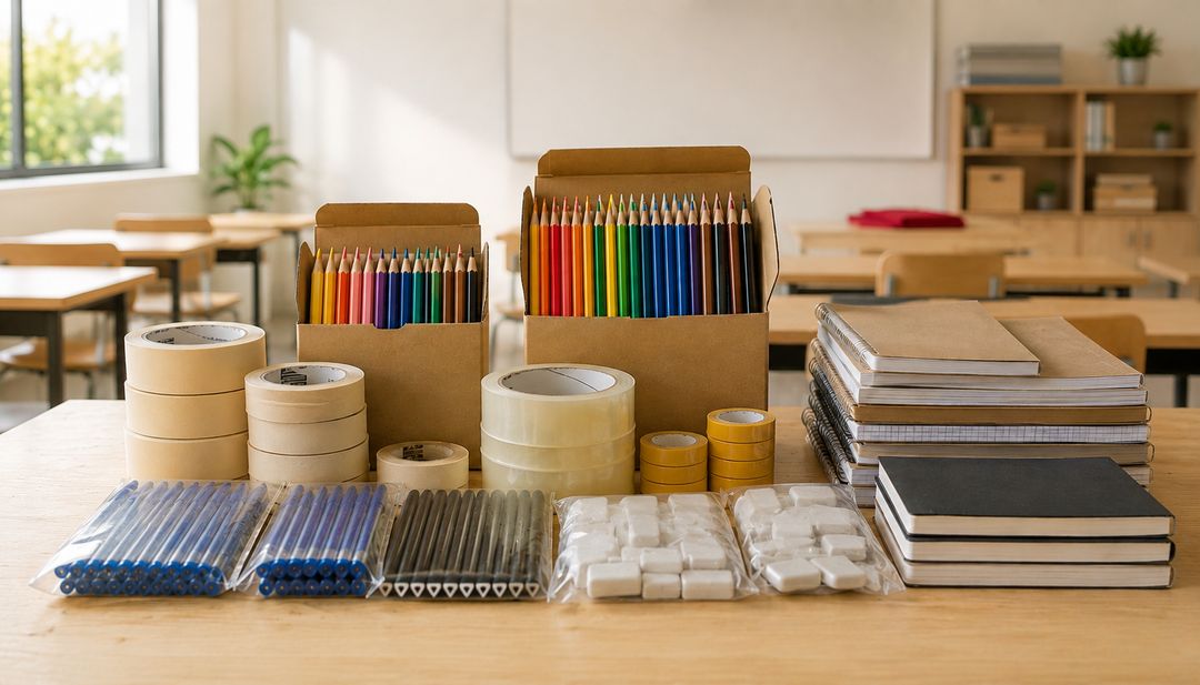 Cajas de lapices de color, rollos de cinta, lapiceros, gomas y cuadernos sobre un pupitre de aula