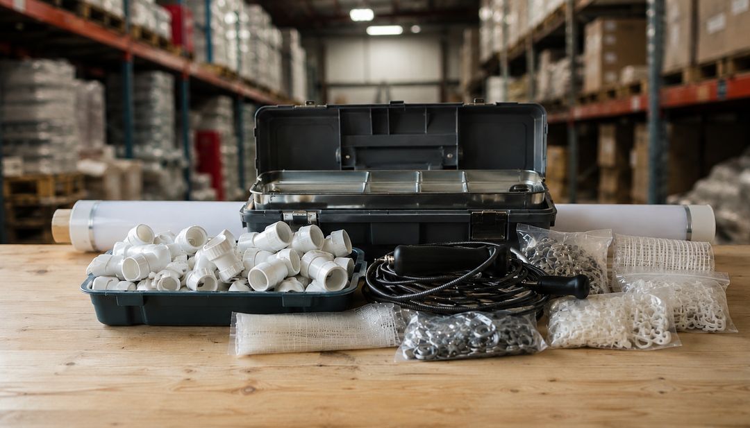 Caja de herramientas abierta con accesorios PVC, arandelas y manguera sobre un mostrador de taller