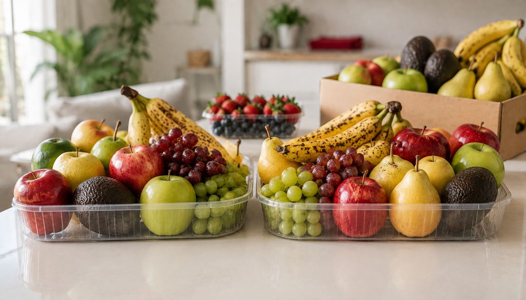 Bandejas de fruta fresca con manzanas, peras, uvas, bananos y aguacate sobre una encimera de cocina