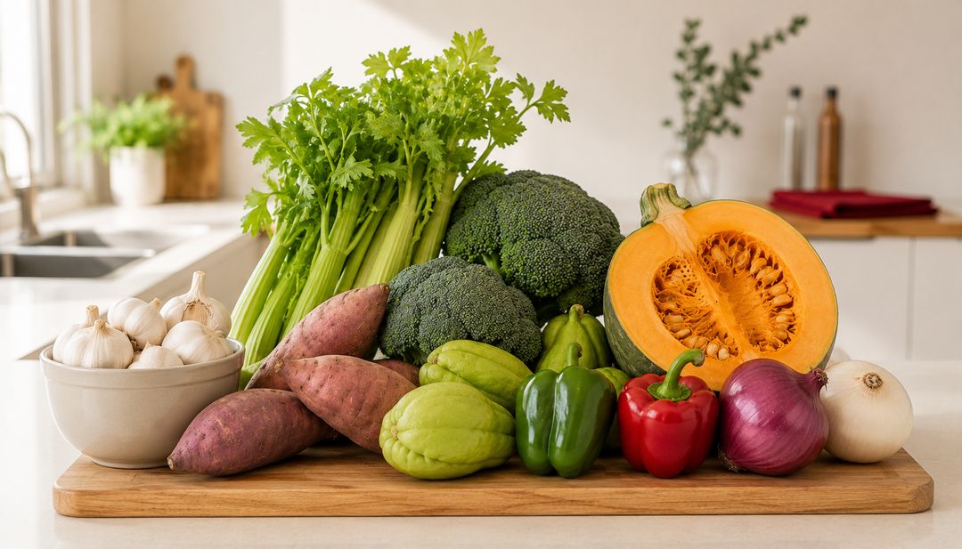 Tabla de madera con apio, brocoli, camote, chayote, chiles, cebollas, ayote y ajos
